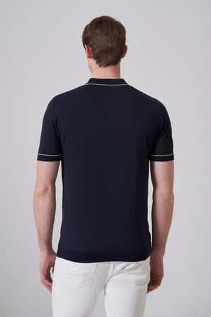  Erkek Lacivert Trend Polo Yaka Jakarlı Triko T-Shirt