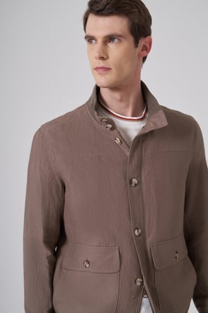  Erkek KAHVE Keten Bomber Mont
