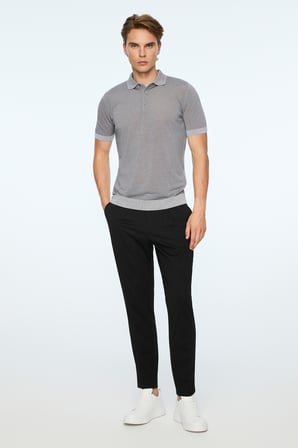  Erkek Gri Trend Polo Yaka Tencel Triko T-Shirt
