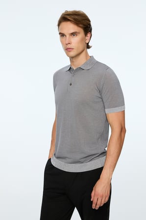  Erkek Gri Trend Polo Yaka Tencel Triko T-Shirt
