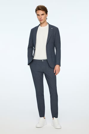  Erkek Lacivert Poliviskon Trend Çizgili Slim Fit Mono Yaka Takım Elbise