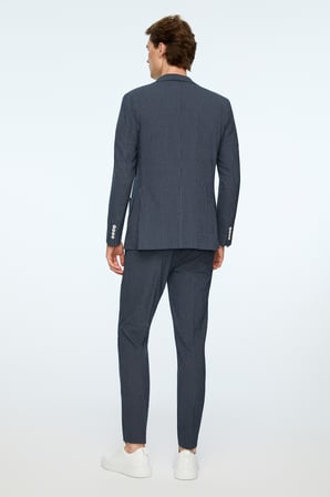  Erkek Lacivert Poliviskon Trend Çizgili Slim Fit Mono Yaka Takım Elbise