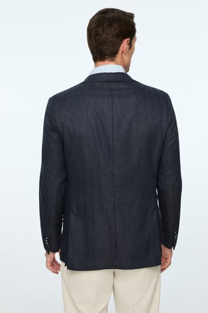  Erkek Lacivert Keten Trend Desenli Slim Fit Ceket