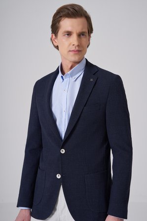  Erkek Lacivert Polyester Trend Desenli Slim Fit Ceket