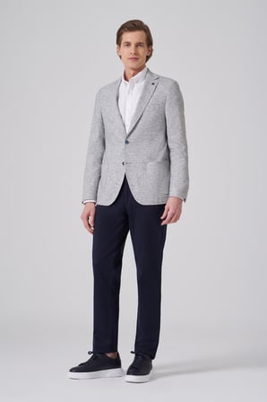  Erkek Lacivert Keten Trend Desenli Slim Fit Mono Yaka Ceket