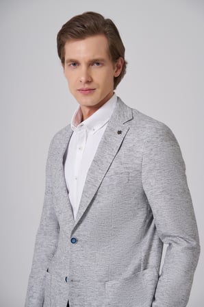  Erkek Lacivert Keten Trend Desenli Slim Fit Mono Yaka Ceket