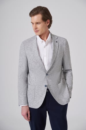  Erkek Lacivert Keten Trend Desenli Slim Fit Mono Yaka Ceket