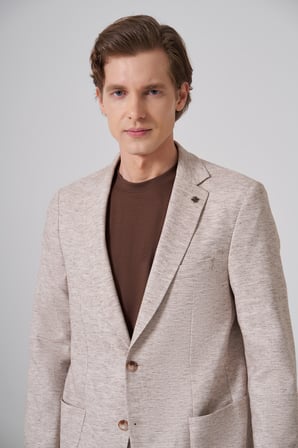  Erkek KAHVE Keten Trend Desenli Slim Fit Mono Yaka Ceket