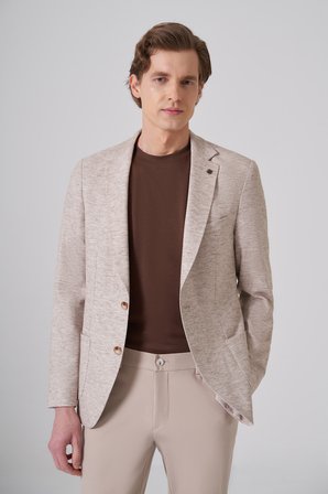  Erkek KAHVE Keten Trend Desenli Slim Fit Mono Yaka Ceket