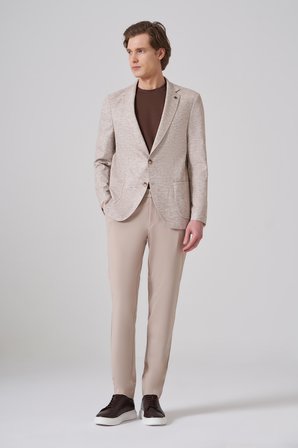  Erkek KAHVE Keten Trend Desenli Slim Fit Mono Yaka Ceket