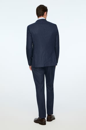  Erkek Lacivert Keten Trend Çizgili Slim Fit Sivri Yaka Kruvaze Takım Elbise
