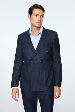  Erkek Lacivert Keten Trend Çizgili Slim Fit Sivri Yaka Kruvaze Takım Elbise