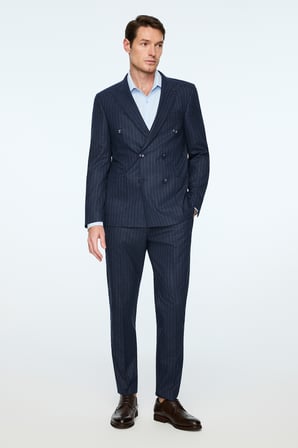  Erkek Lacivert Keten Trend Çizgili Slim Fit Sivri Yaka Kruvaze Takım Elbise
