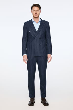  Erkek Lacivert Keten Trend Çizgili Slim Fit Sivri Yaka Kruvaze Takım Elbise