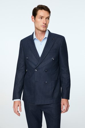  Erkek Lacivert Keten Trend Çizgili Slim Fit Sivri Yaka Kruvaze Takım Elbise