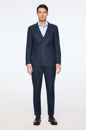  Erkek Lacivert Keten Trend Çizgili Slim Fit Sivri Yaka Kruvaze Takım Elbise