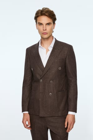  Erkek KAHVE Keten Trend Çizgili Slim Fit Sivri Yaka Kruvaze Takım Elbise