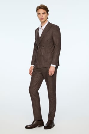  Erkek KAHVE Keten Trend Çizgili Slim Fit Sivri Yaka Kruvaze Takım Elbise