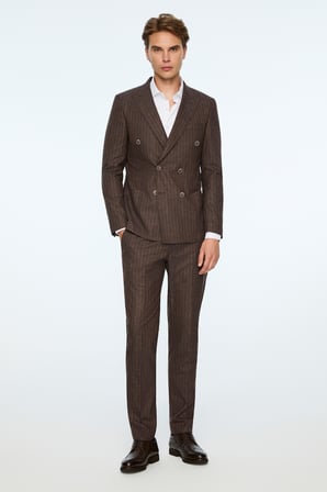  Erkek KAHVE Keten Trend Çizgili Slim Fit Sivri Yaka Kruvaze Takım Elbise