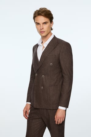  Erkek KAHVE Keten Trend Çizgili Slim Fit Sivri Yaka Kruvaze Takım Elbise