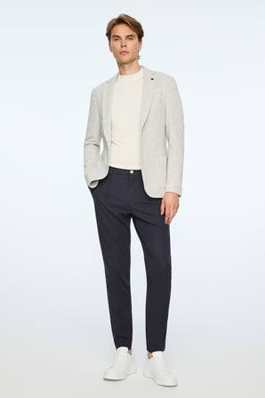  Erkek Gri Örme Trend Çizgili Slim Fit Mono Yaka Ceket