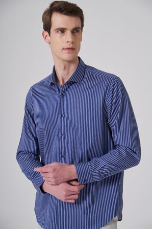  Erkek Lacivert Pamuk Trend Dynamic Fit İtalyan Yaka Gömlek