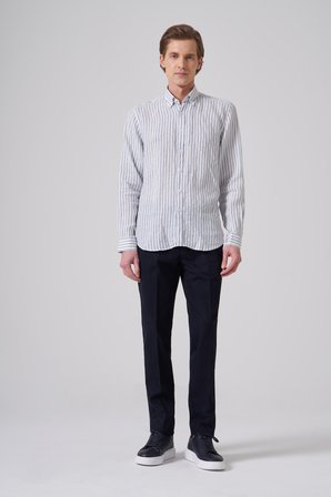  Erkek Lacivert Keten Trend Çizgili Dynamic Fit Düğmeli Yaka Gömlek