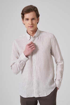  Erkek KAHVE Keten Trend Çizgili Dynamic Fit Düğmeli Yaka Gömlek