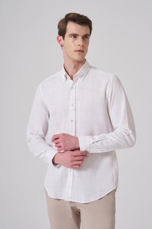  Erkek Turuncu Keten Trend Ekoseli Dynamic Fit Düğmeli Yaka Gömlek