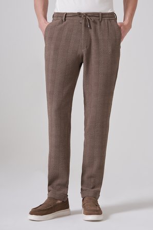  Erkek A-Kahverengi Trend Ekose Lastikli İpli Slim Fit Pantolon
