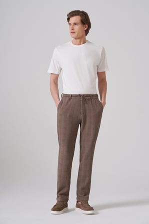  Erkek A-Kahverengi Trend Ekose Lastikli İpli Slim Fit Pantolon