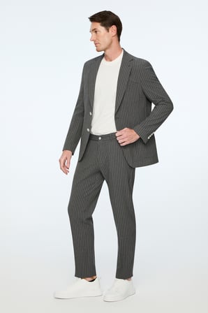  Erkek Füme Poliviskon Trend Çizgili Slim Fit Mono Yaka Takım Elbise