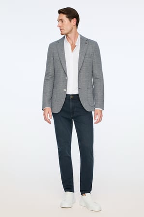  Erkek Lacivert Örme Trend Desenli Slim Fit Mono Yaka Ceket
