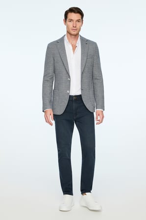  Erkek Lacivert Örme Trend Desenli Slim Fit Mono Yaka Ceket