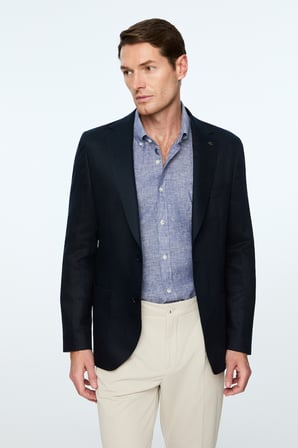  Erkek Lacivert Dokuma Trend Düz Slim Fit Mono Yaka Ceket