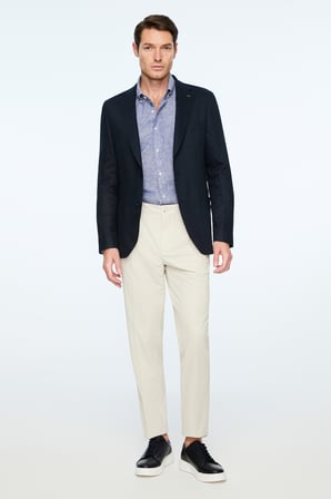  Erkek Lacivert Dokuma Trend Düz Slim Fit Mono Yaka Ceket
