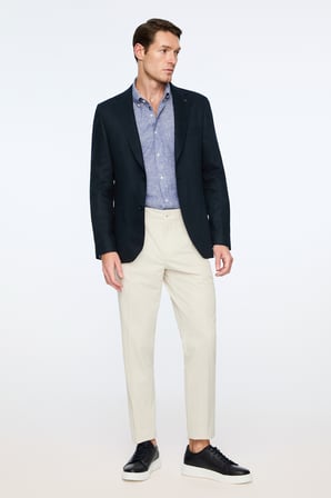  Erkek Lacivert Dokuma Trend Düz Slim Fit Mono Yaka Ceket