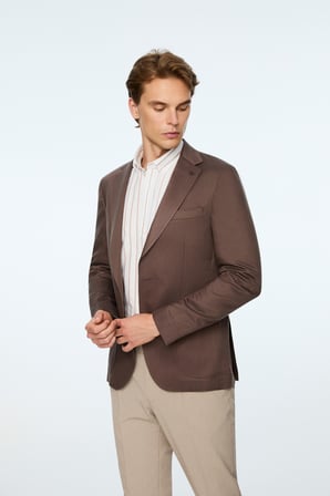  Erkek KAHVE Dokuma Trend Düz Slim Fit Mono Yaka Ceket