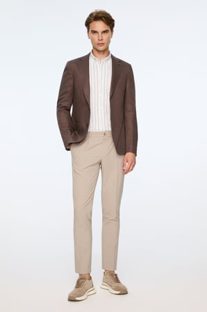  Erkek KAHVE Dokuma Trend Düz Slim Fit Mono Yaka Ceket