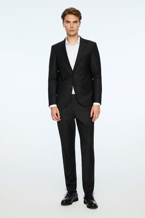  Erkek Siyah Yün Platinium Düz Slim Fit Mono Yaka Takım Elbise