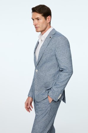  Erkek Lacivert Keten Trend Desenli Slim Fit Mono Yaka Ceket