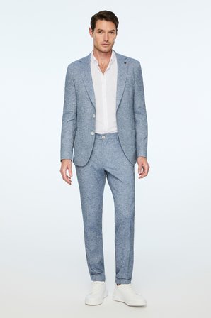  Erkek Lacivert Keten Trend Desenli Slim Fit Mono Yaka Ceket