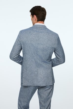  Erkek Lacivert Keten Trend Desenli Slim Fit Mono Yaka Ceket