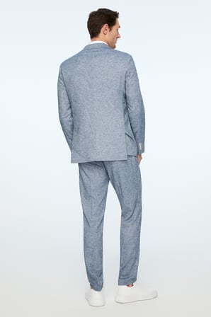  Erkek Lacivert Keten Trend Desenli Slim Fit Mono Yaka Ceket