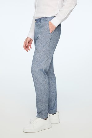  Erkek Lacivert Keten Trend Desenli Lastikli Slim Fit Pantolon