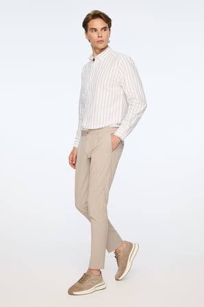  Erkek Bej Poliviskon Trend Desenli Slim Fit Lastikli Pantolon