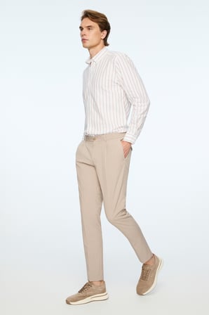  Erkek Bej Poliviskon Trend Desenli Slim Fit Lastikli Pantolon