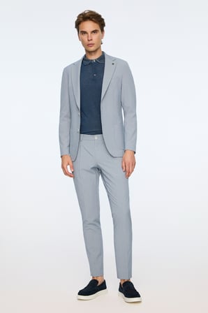  Erkek Lacivert Poliviskon Trend Desenli Slim Fit Mono Yaka Ceket