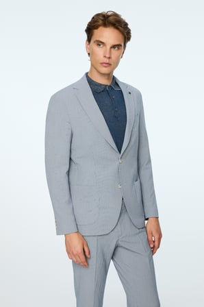  Erkek Lacivert Poliviskon Trend Desenli Slim Fit Mono Yaka Ceket