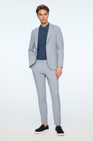  Erkek Lacivert Poliviskon Trend Desenli Slim Fit Mono Yaka Ceket